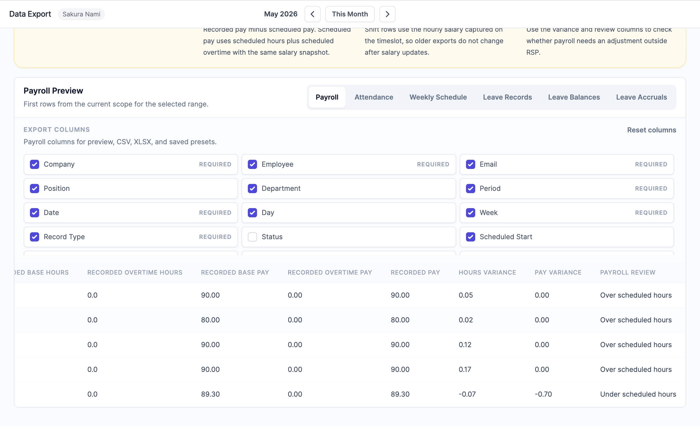 Payroll input export preview