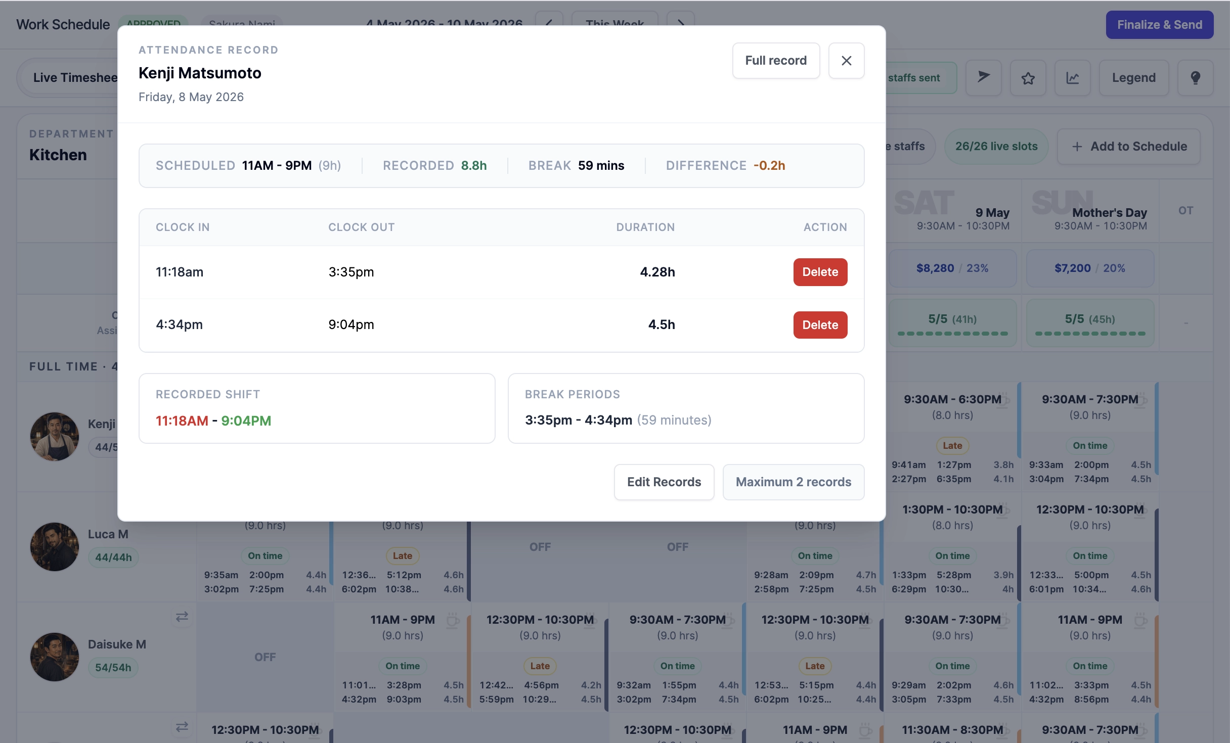 Roster Sync Pro attendance record modal showing scheduled and recorded hours
