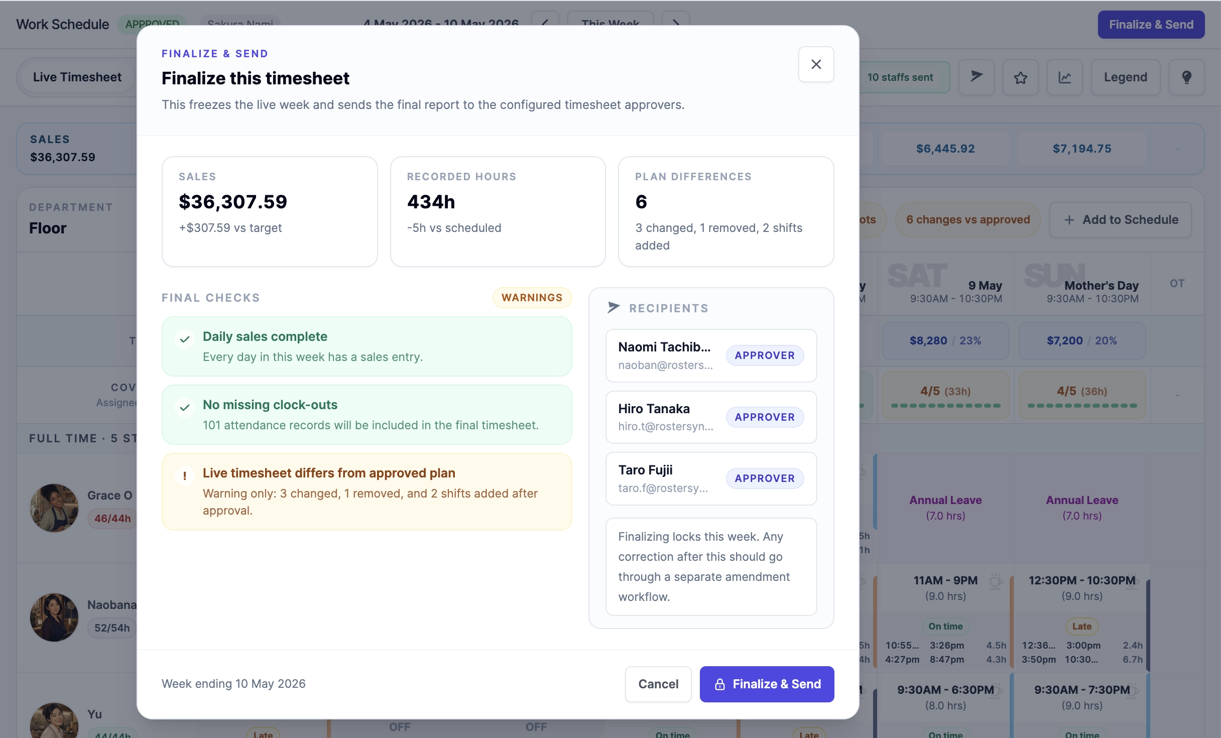 Roster Sync Pro finalize timesheet checks before payroll
