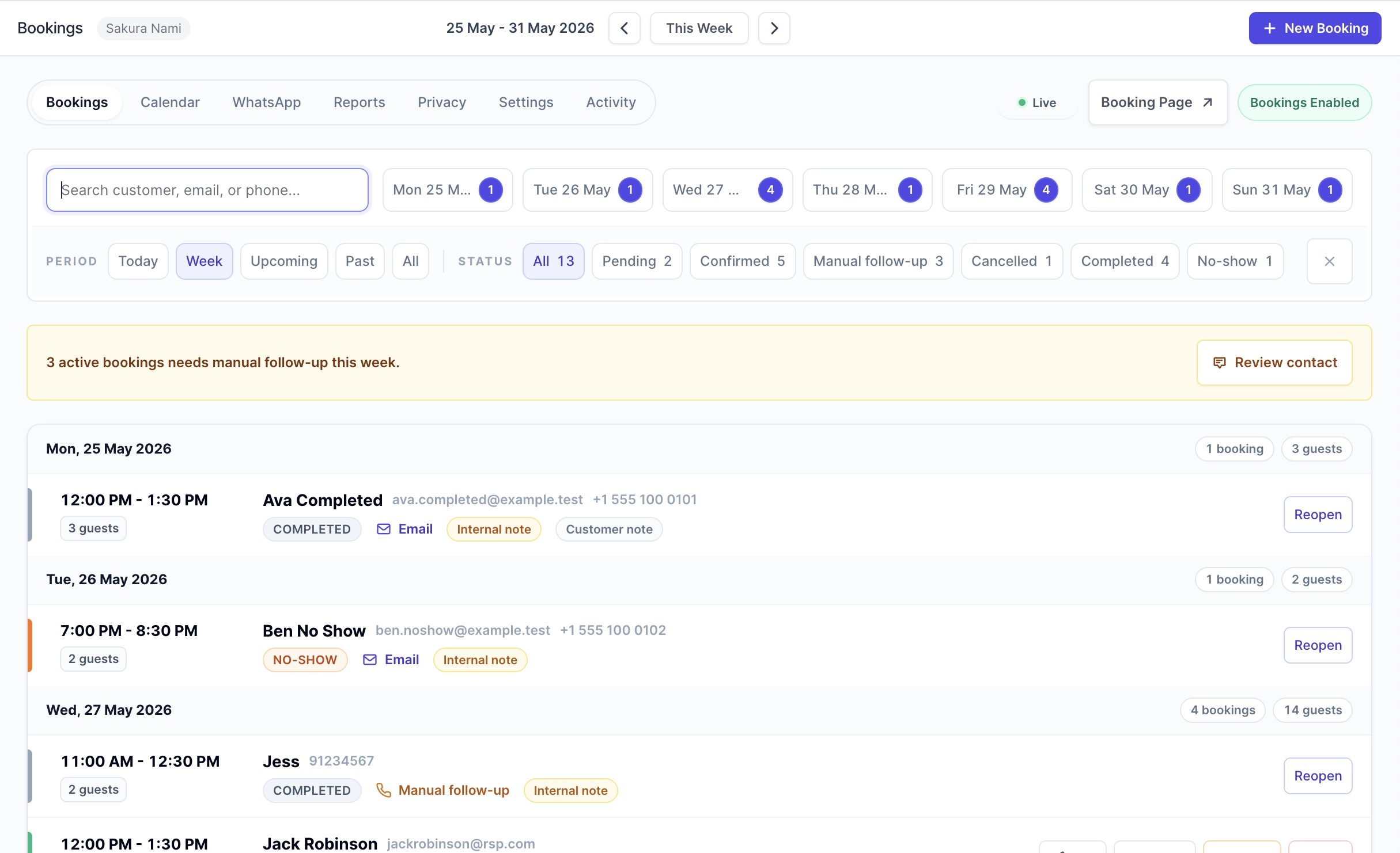 Roster Sync Pro manager booking index with customer reservations and demand summary