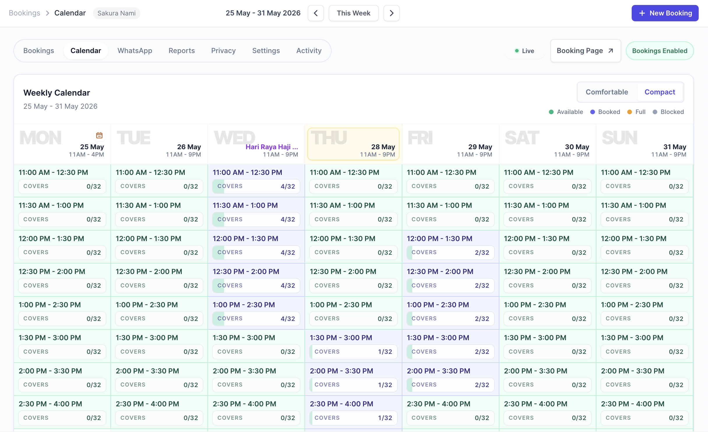 Roster Sync Pro booking calendar with restaurant reservation demand