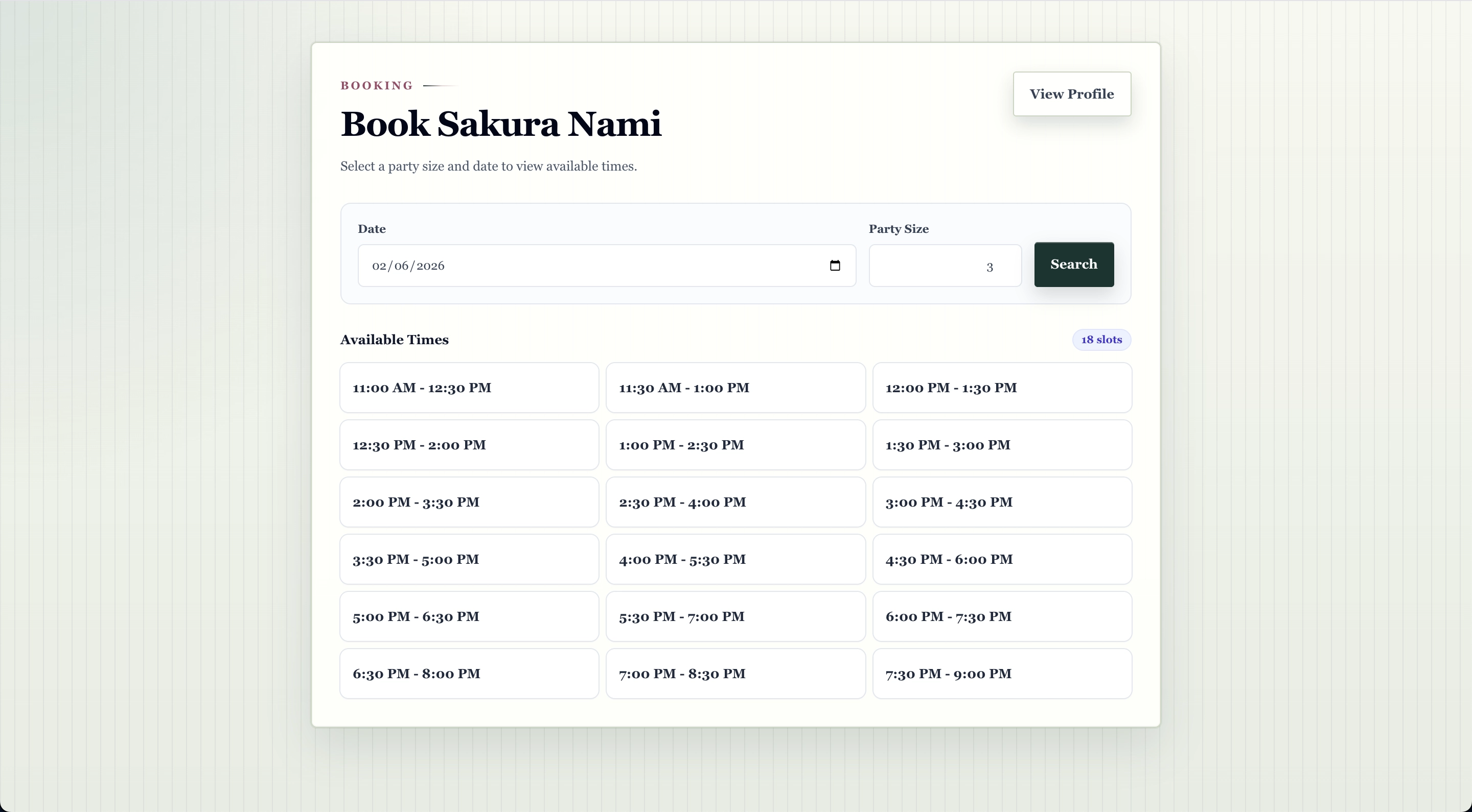 Roster Sync Pro public booking page with available reservation slots