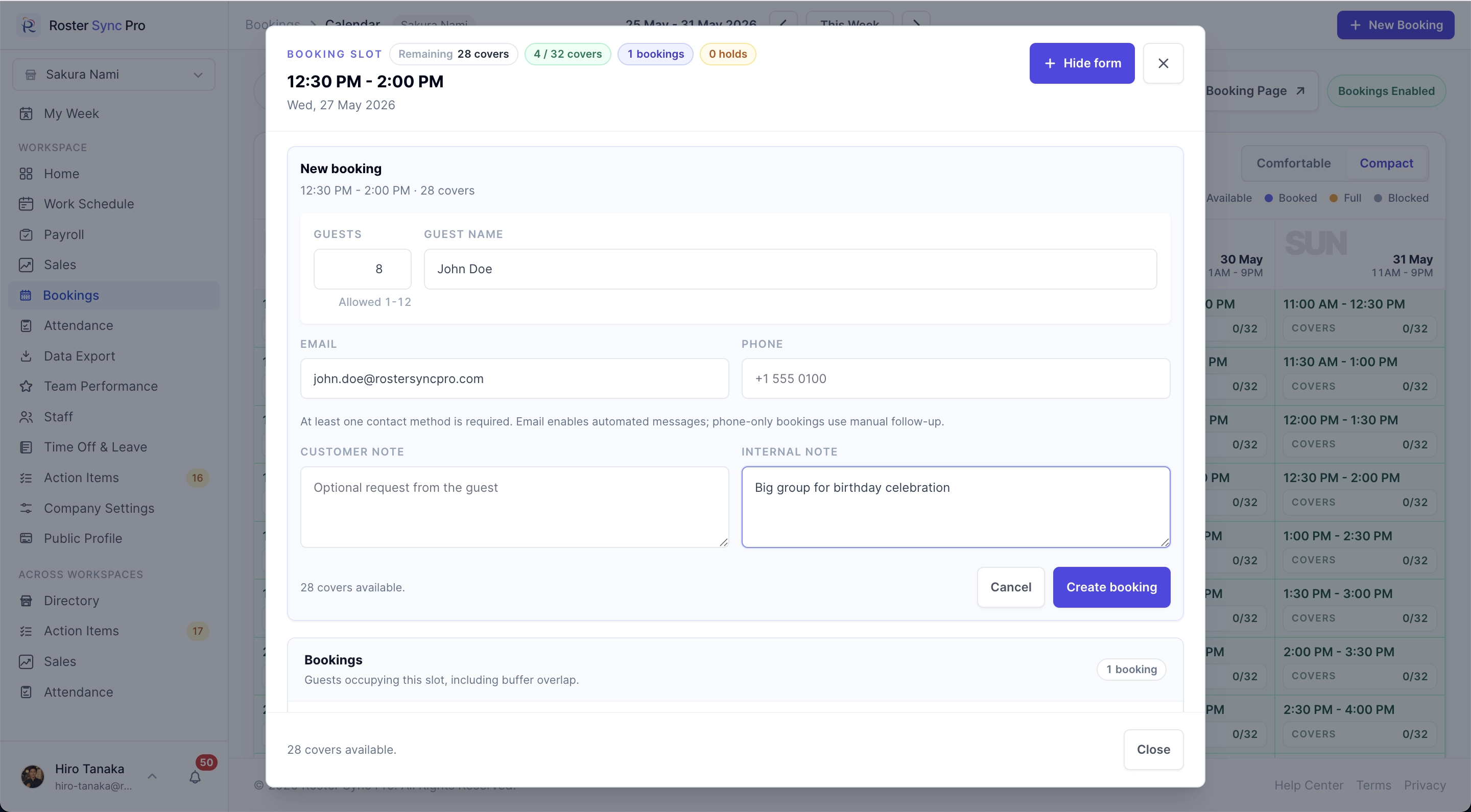 Roster Sync Pro booking slot modal showing capacity, holds, and bookings