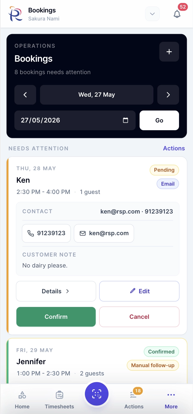 Roster Sync Pro mobile booking operations queue