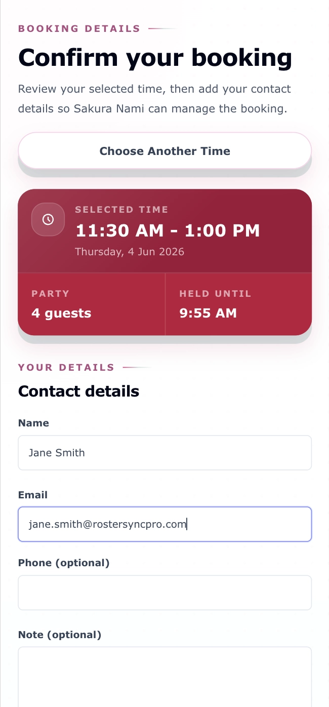 Roster Sync Pro mobile public booking confirmation form