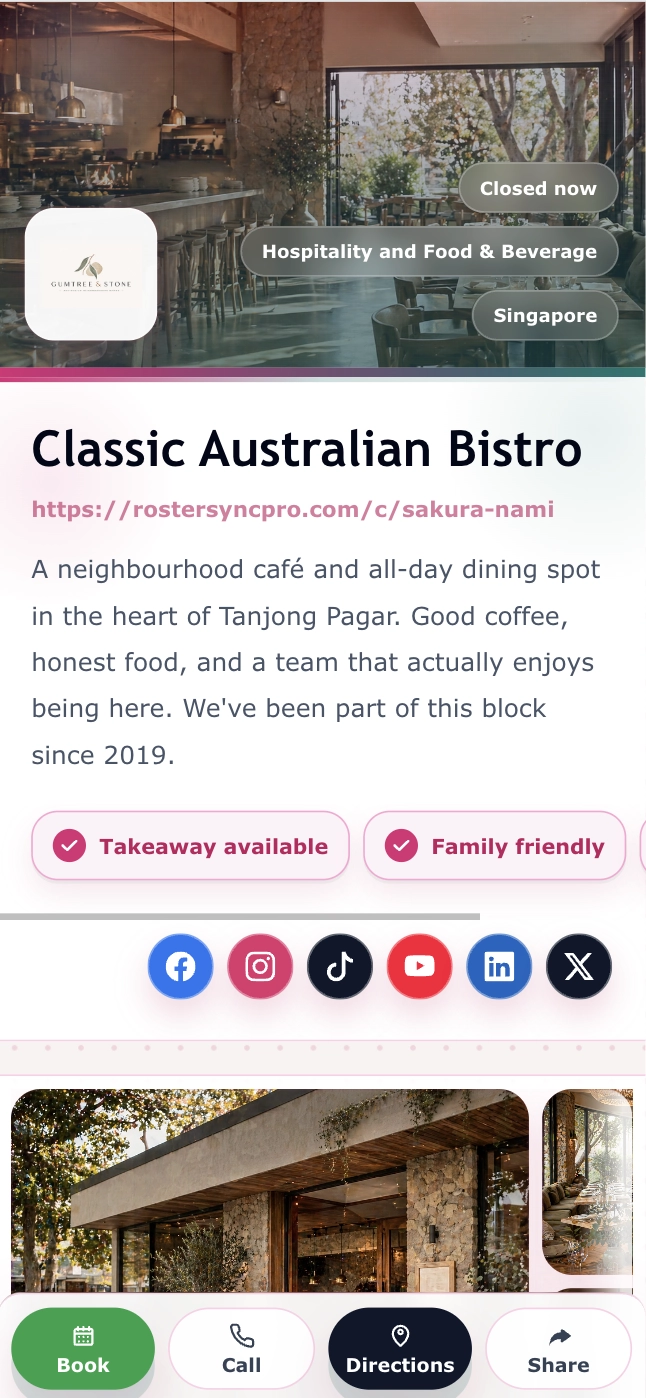 Roster Sync Pro mobile Public Profile with booking action