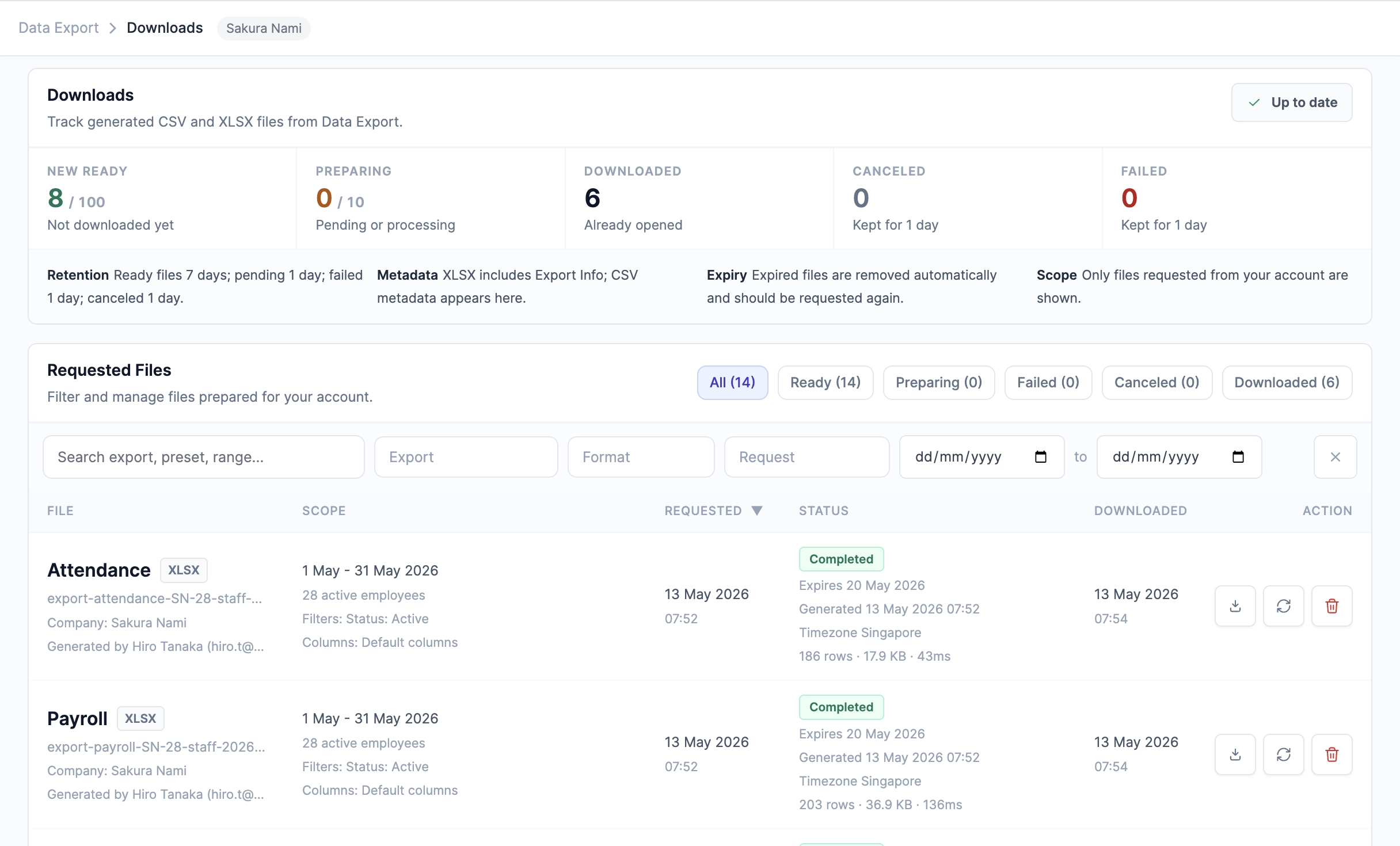 Roster Sync Pro downloads page with export status and file details