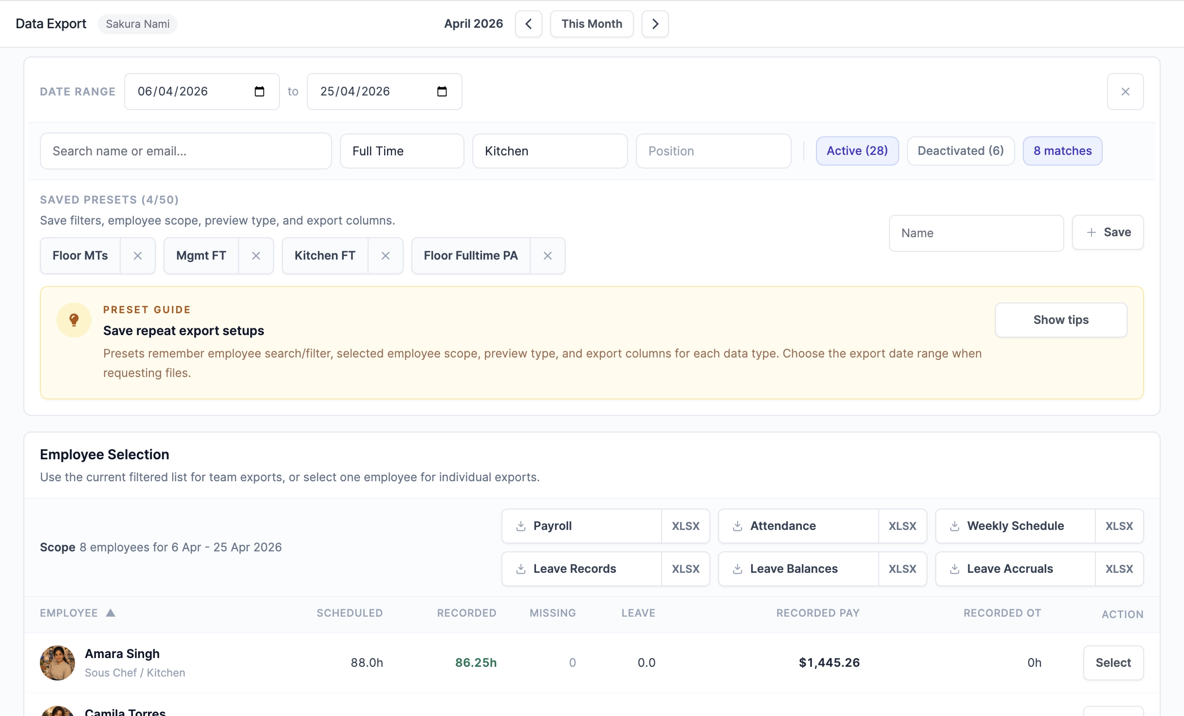 Roster Sync Pro employee selection and export type controls