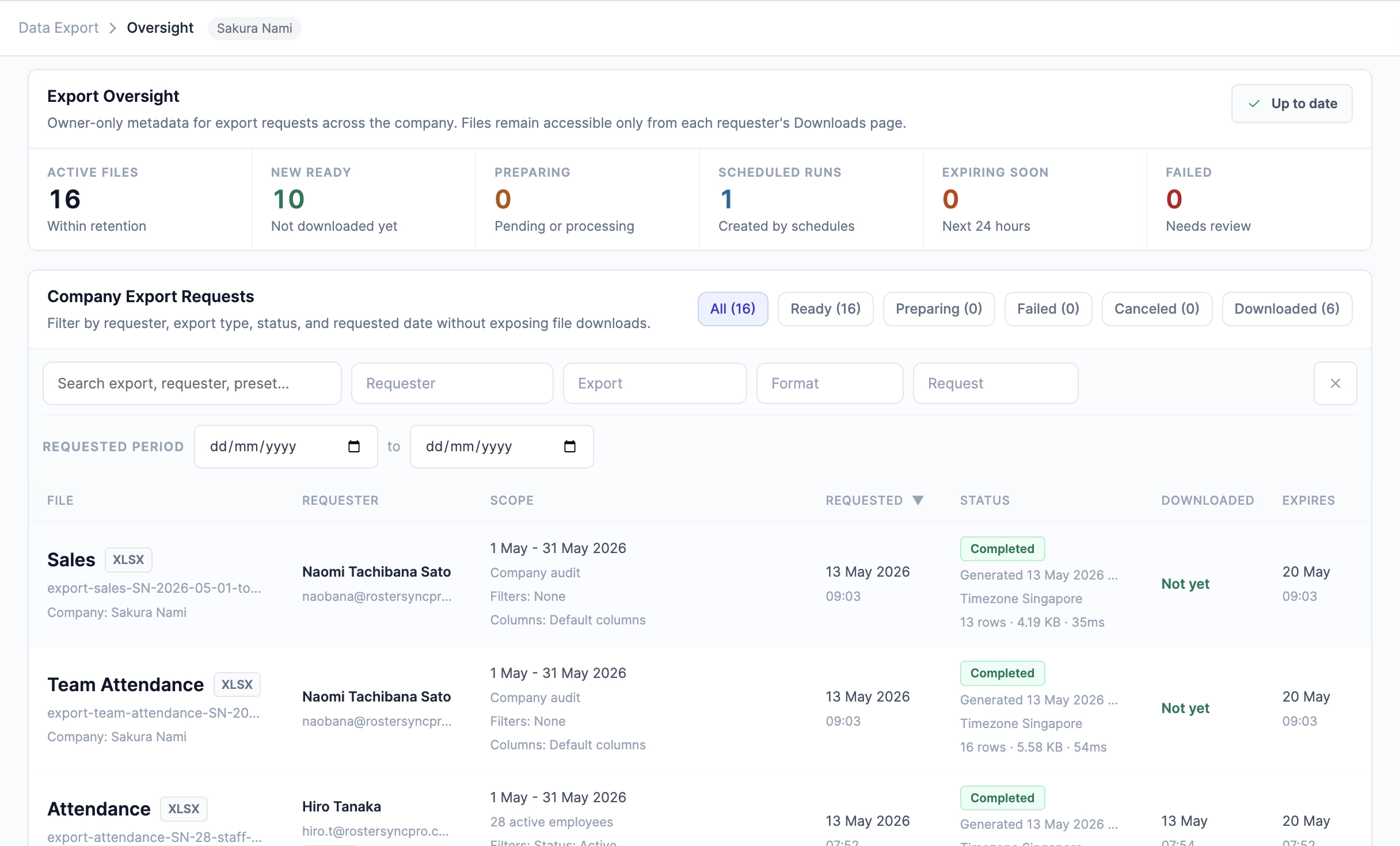 Roster Sync Pro owner data export oversight page