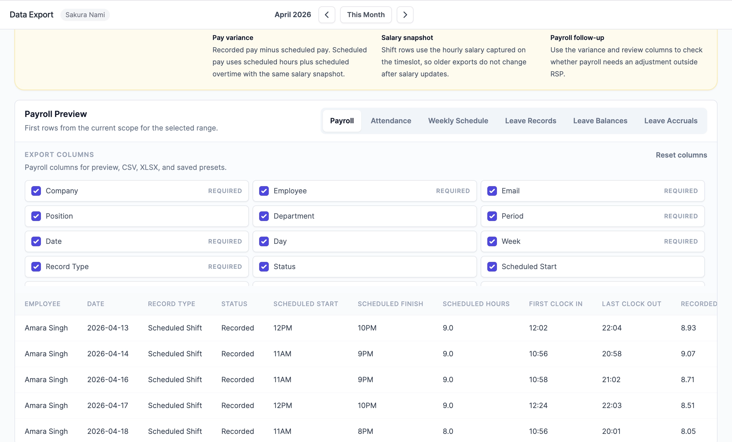 Roster Sync Pro payroll export preview with recorded pay and overtime