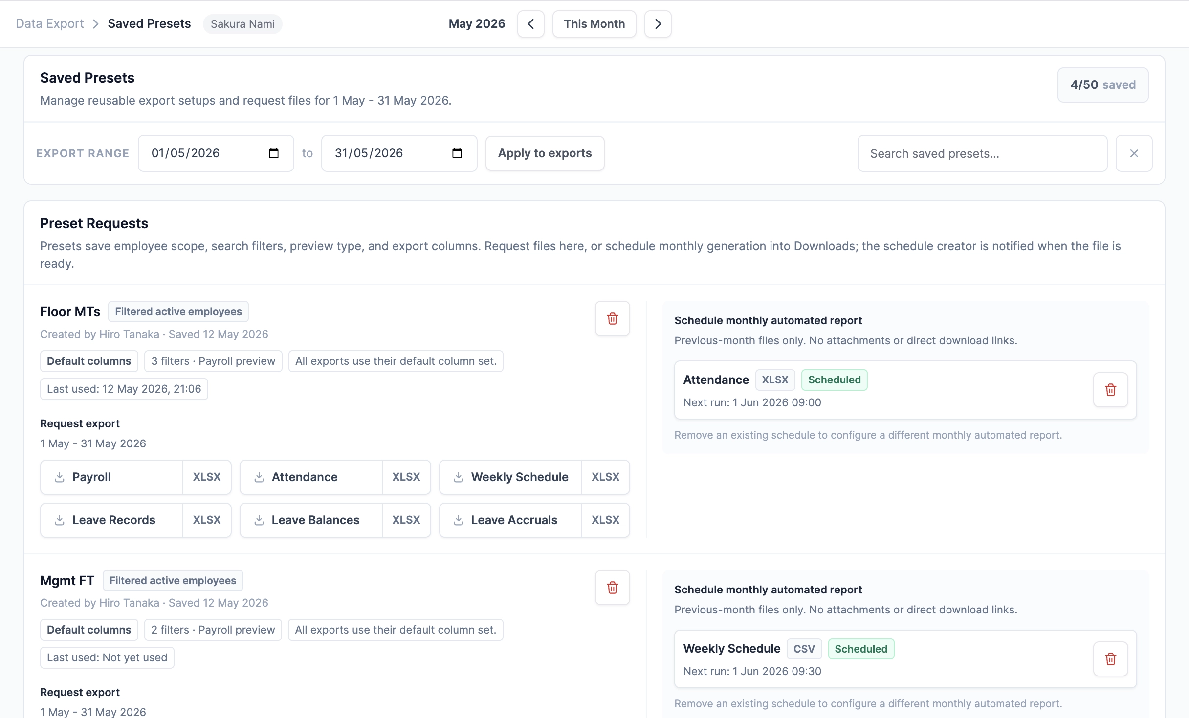 Roster Sync Pro saved export presets page