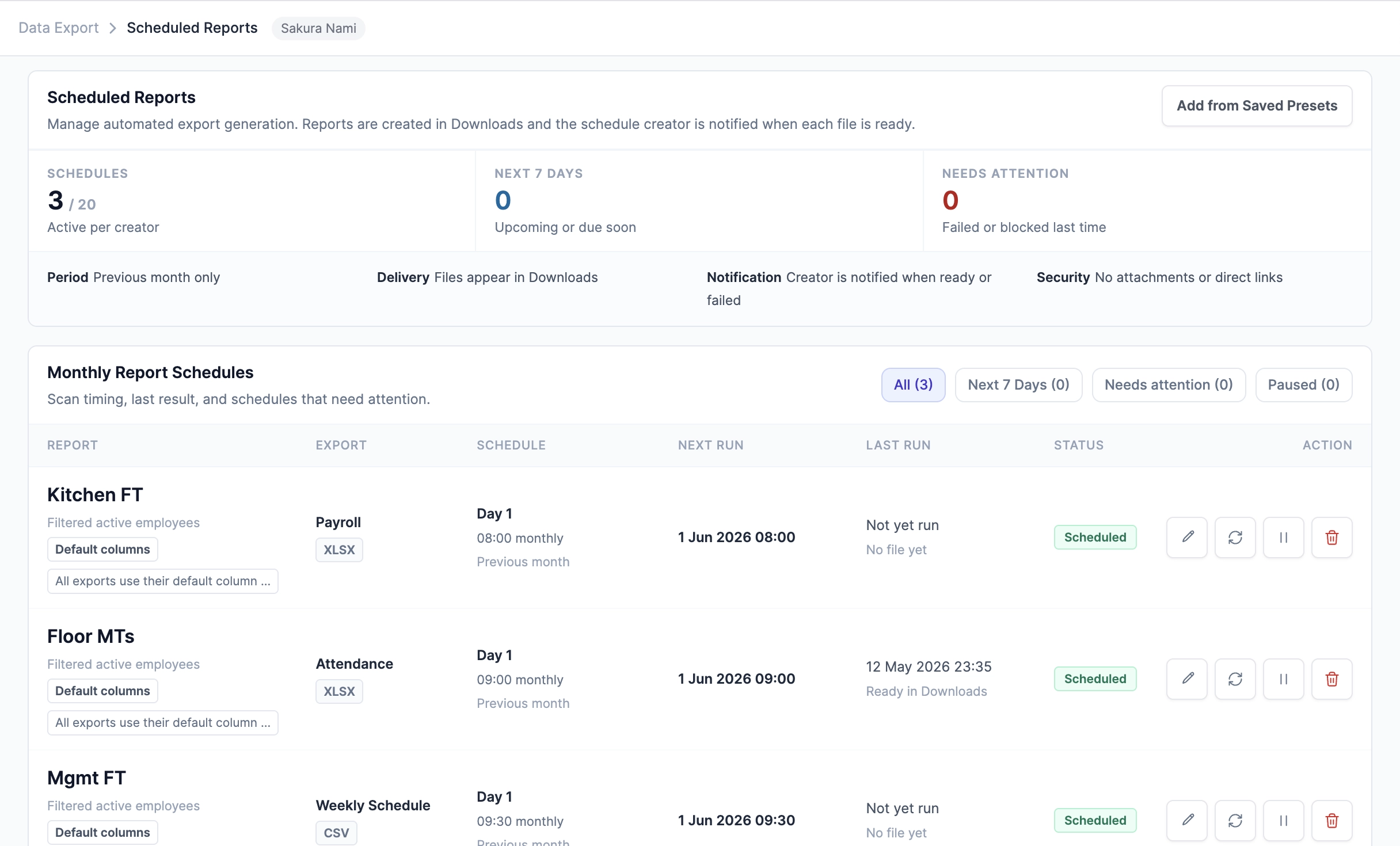 Roster Sync Pro scheduled report generation page