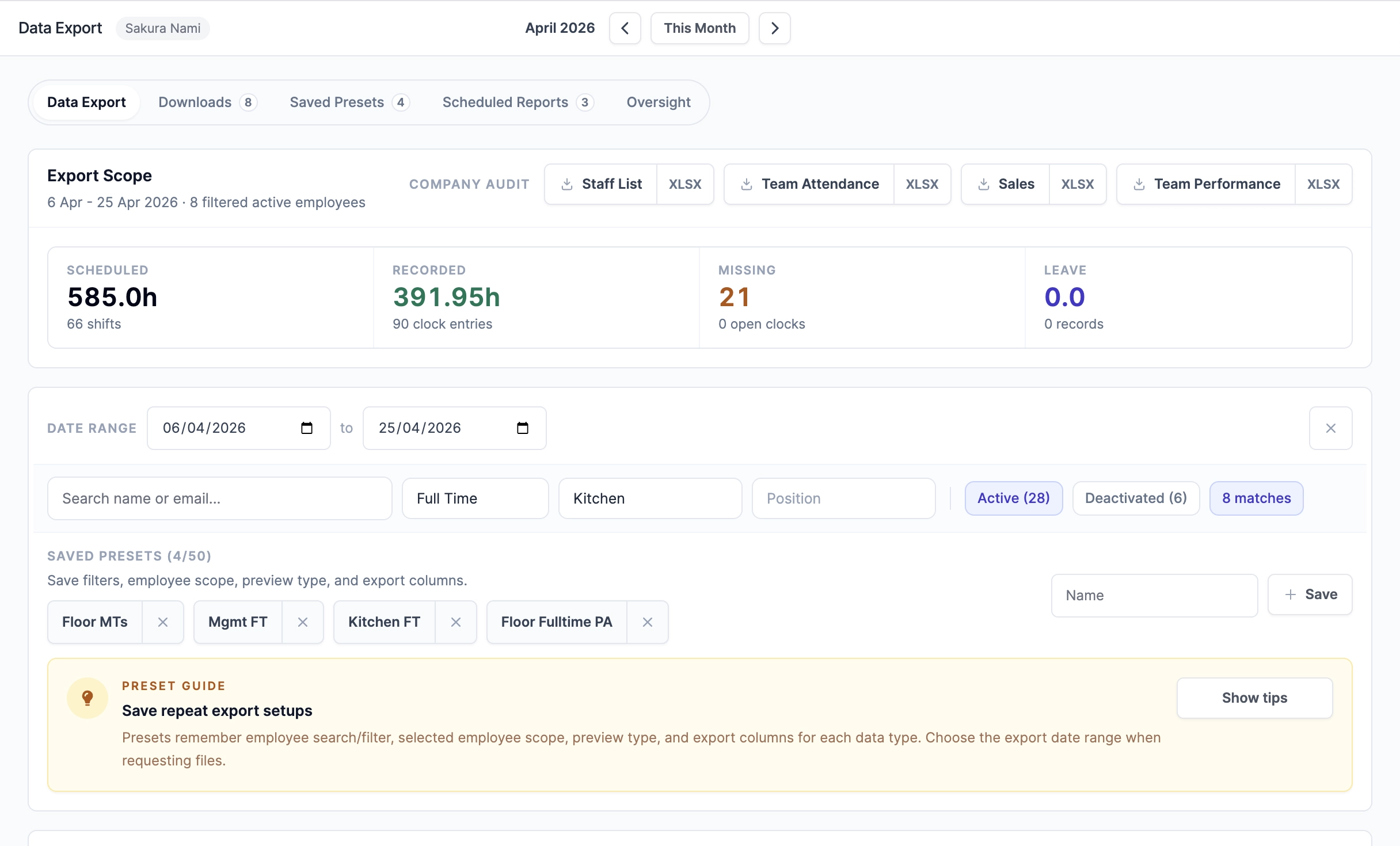 Roster Sync Pro Data Export Center workspace