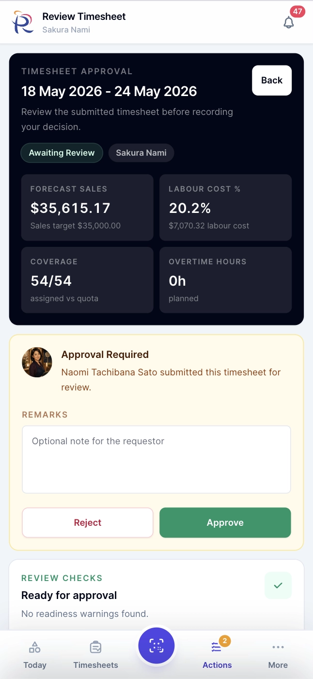 Roster Sync Pro mobile timesheet approval
