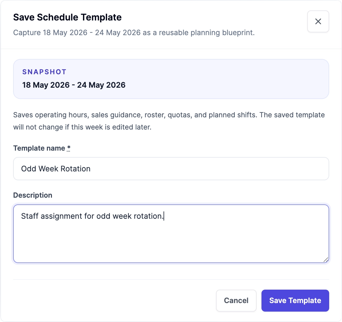 Roster Sync Pro save schedule template modal