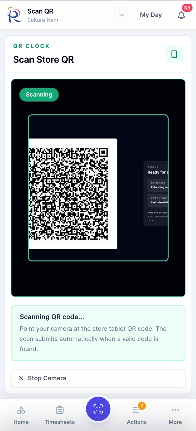 Roster Sync Pro mobile QR clock scanning
