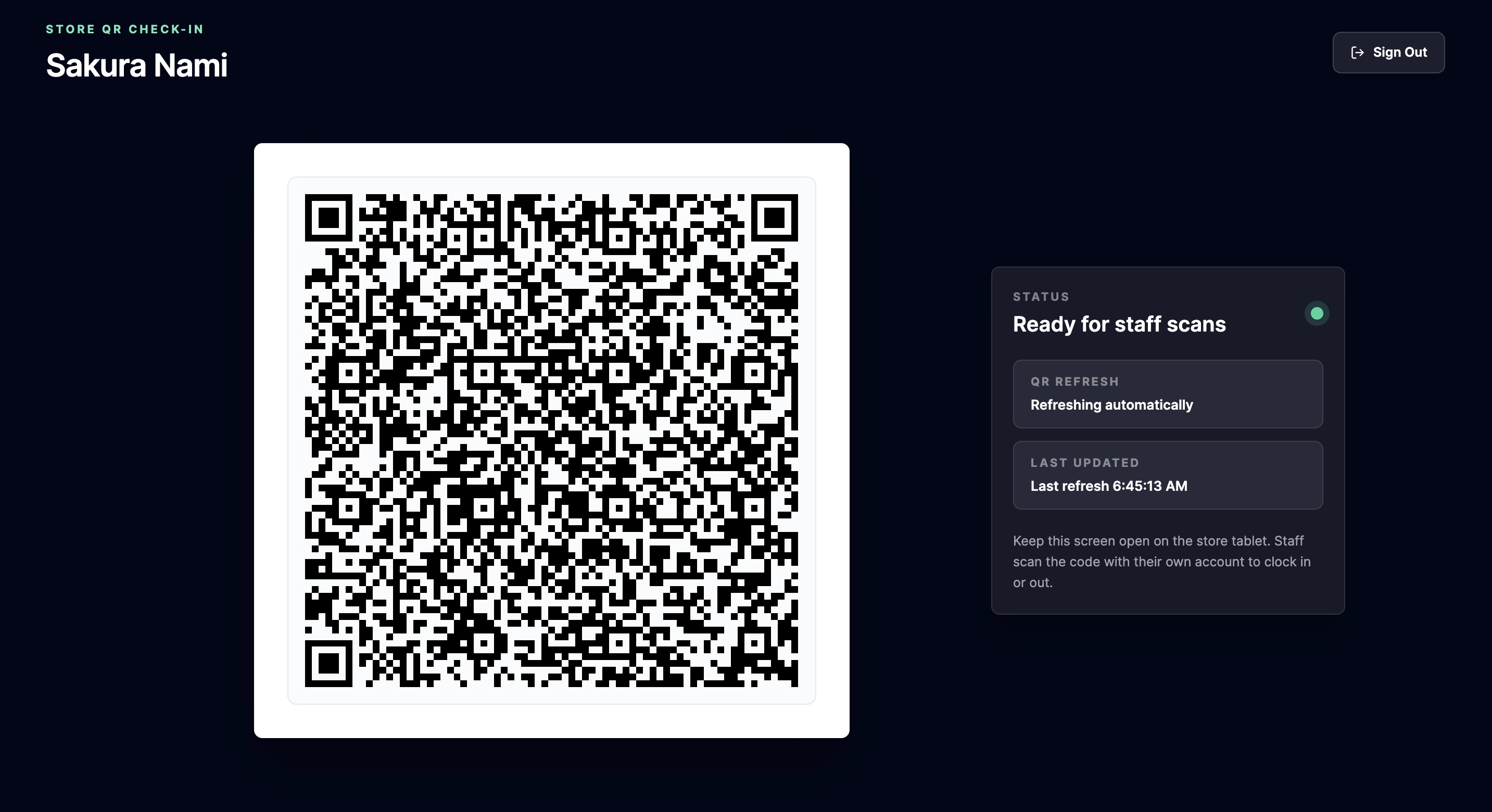 Roster Sync Pro store QR check-in screen