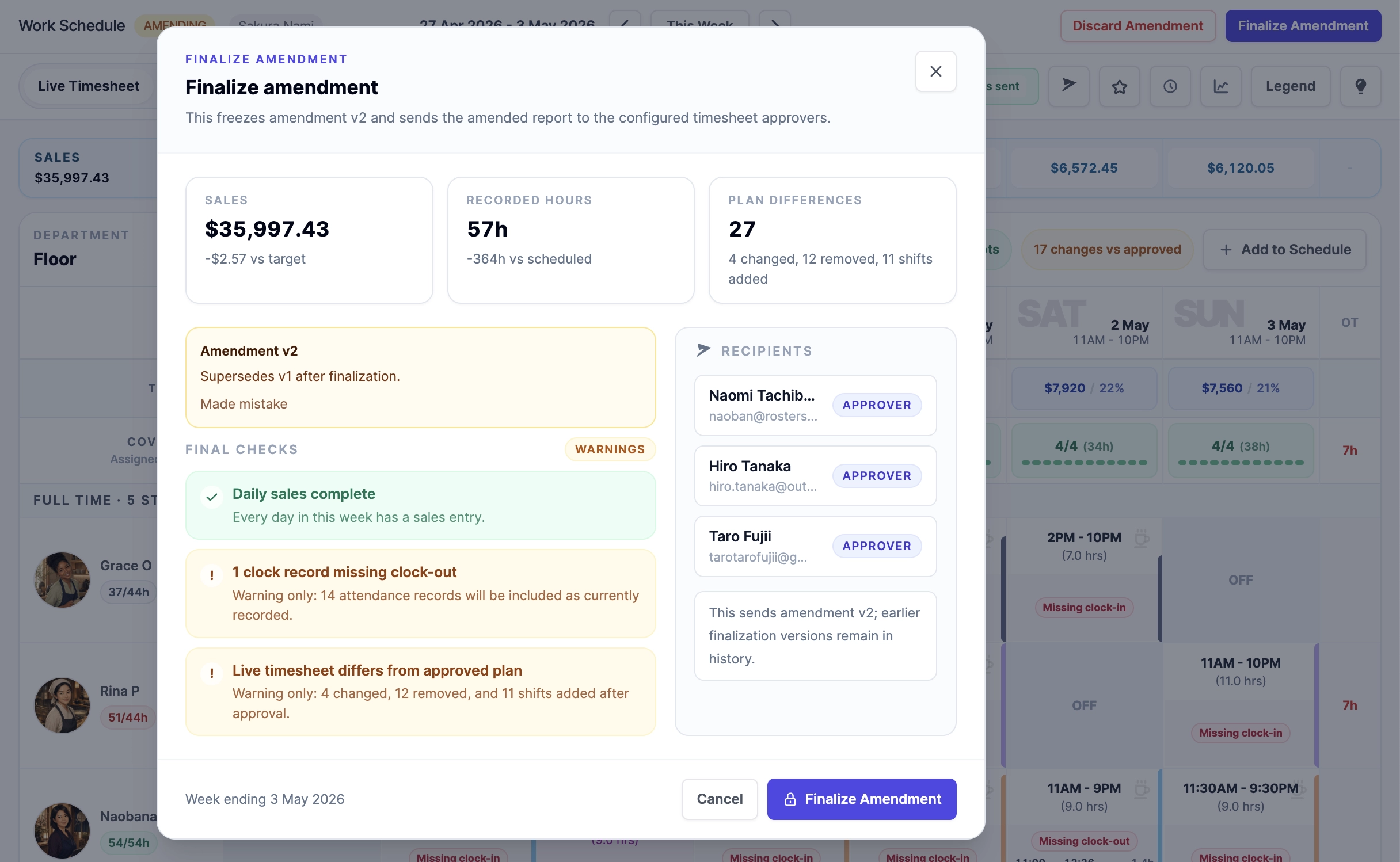 Roster Sync Pro finalized timesheet amendment checks